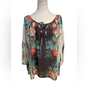 AGB XL Lightweight Sheer Floral Tunic Blouse Romantic Boho Lightweight Top